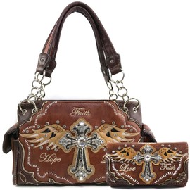Justin West Women's Concealed Carry Angel Wings Cross Faith Hope Love Western Handbag Tote Purse (Brown Handbag Wallet Set)