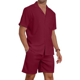 AIYINO Mens Outfits Suits 2 Pieces Sets Button Shirts & Short Tracksuit Lapel Activewear Tops $ Pants Red XXL
