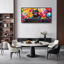 Olivine Banksy Large Wall Art, Graffiti Cat Pictures Wall Decor, Music Painting, Black Cat Canvas Prints, Framed Artwork for Living Room Bedroom Bathroom Office Home Decoration 60"x30"