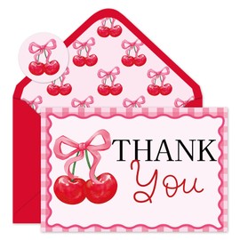 JarThenaAMCS 24 Pack Pink Bow Cherry Thank You Cards Red Pink Plaid Bow Cherry Greeting Cards With Envelopes Stickers Blank Note Cards for Birthday Baby Shower