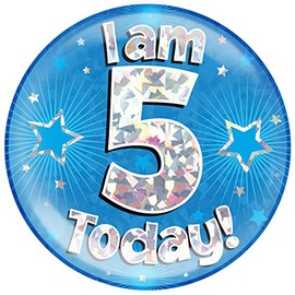 OAKTREE UK 633377 6" Jumbo Badge I am 5 Today Blue Holographic Cracked Ice