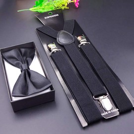 BUZZxSELECTION LBT017 Men's Suspenders Y-Shaped Rubber Casual Formal Bow Tie Set