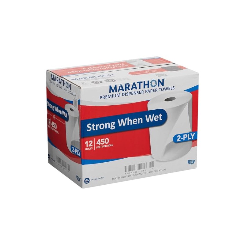 Marathon Dispenser Roll Towels, 12 Count, Non-Perforated, 2-Ply White Paper