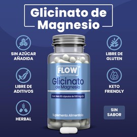 Glicinato de Magnesio - 90 Cápsulas Sin Sabor de 500 mg c/u - Suplemento Alimenticio Apto para Dietas Keto - Sin Azúcar y Sin Gluten - Suministro de 3 Meses - Flow Supplements