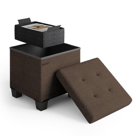 Storage Ottoman Cube with Small Bin, 16-in Square Ottoman with Storage for Living Room and Bedroom, Small Ottomans Foot Rest, Fabric Foot Stools Ottomans Max 330lbs, Brown