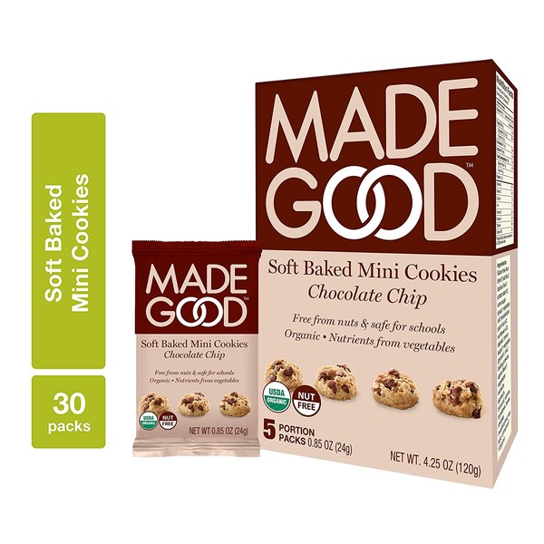 MadeGood Soft Baked Chocolate Chip Mini Cookies, 6 boxes (30 ct); Nut-Free, Gluten Free, Allergy Friendly, USDA Certified Organic, Vegan, Non-GMO Ingredients; Nutrients of a Full Serving of Vegetables