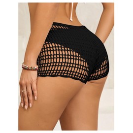 SHENHE - Pantalones cortos de ganchillo para mujer con lazo en la cintura ahuecados, Negro -, M