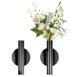 2 PCS Wall Vases for Flowers, Black Flower Vase Metal Hanging Plant Holder Small Gold Vase Flowers Tube Wall Planter Hanging Vases for Modern Home Decor Display Dried Faux Fake Flower
