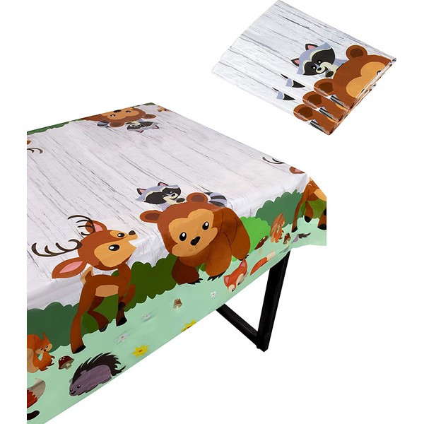 Blue Panda Woodland Animals Party Tablecloth - 3-Pack Disposable Plastic Rectangular Table Covers - Animals Themed Party Supplies Kids Birthday, Baby Shower Decorations, 54 x 108 Inches