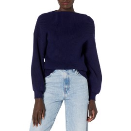 Cable Stitch Women's Ribbed Blouson Sleeve Sweater - Boat Neck Long Sleeve Drop Shoulder Solid Color Pullover Knit Top (Medium, Navy)