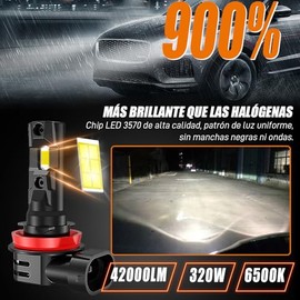 Focos LED H11 H8 H9 para Faros Auto, 42000LM 320W 900% Brillo, Juego de 2 | 6500K Luz Blanco, Canbus, Ventilador, Plug & Play, Luces H11 LED Alta o Ba