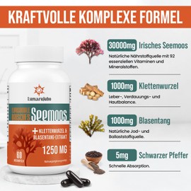 Lumarejebo Liposomale Irisches Seemoos 30000mg, Hochdosierte 6-in-1 Formel, Mit Blasentang und Klettenwurzel, Aus Wildes Irischen See Moos, 30:1 Extrakt, Praktischer als Sea Moss Gel, 60 Kapseln (2er Pack)