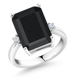 Gem Stone King 6.68 Cttw Black Onyx and White Created Sapphire Ring For Women | 925 Sterling Silver | Emerald Cut 14x10MM | Gemstone December Birthstone | Available In Size 5, 6, 7, 8, 9