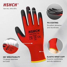 HSHCH Safety Work Gloves PU Coated for Men and Women, 12 Pairs, Flexible and Durable Seamless Knit Gloves, Breathable and Lightweight, Red