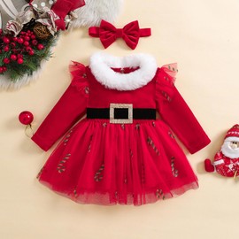 MAHUAOYIXI Baby Girl Christmas Tulle Dress Christmas Princess Lace Dress Christmas Dresses for Baby Girls with Headband Long Sleeve Ruffle Christmas Dress with Belt, red