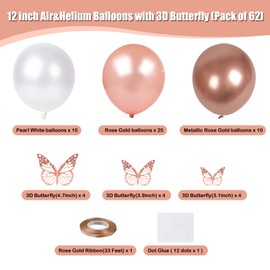 Rose Gold Latex Balloons with Rose Gold 3D Butterfly, 62pcs 12 Inch Pearl White Metallic Rose Gold Party Balloons with Ribbon for Girl Birthday Baby Shower Decorations (Rose Gold series)