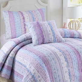 Cozy Line Home Fashions Shabby Chic Romantic Lace Purple Blue Floral Cotton Bedding Quilt Set, Reversible Coverlet, Bedspread (Lavender, Queen-4 Piece: 1 Quilt+2 Shams+1 Decor Pillow)