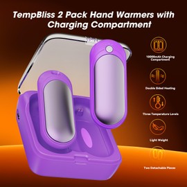 TempBliss Rechargeable Hand Warmers with 10000mAh Charging Compartment, 2 Pack Electric Hot Hands Warmers, Smart Temperature Control, Portable Pocket Heater for Camping, Fishing, Golf, (Purple)