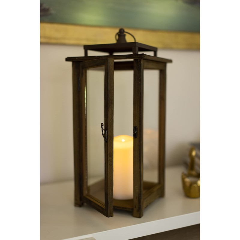 Stonebriar 18 Inch Rustic Wooden Candle Hurricane Lantern, For Table