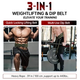WKWE Weight Lifting Belt 3-In-1 Dip Belt Self-Locking With 40" Rope & Ankle Straps Resistance Bands and Multi-Functional Workout Belt for Deadlift Squat Powerlifing Pull Up Cross-Training