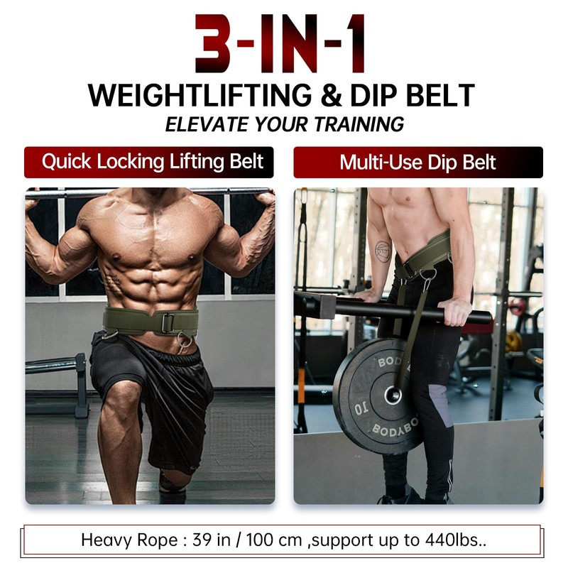 WKWE Weight Lifting Belt 3-In-1 Dip Belt Self-Locking With 40"