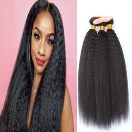 QEUOPE Natural Black Yaki Straight Bundles Color 1B Human Hair Kinkystraight Bundles Double Weft Brazilian Hair Extensions Silky and Soft for Women (26 28 30 inch 3 Bundles)