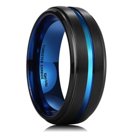 King Will Men's Wedding Band-8mm Black Brushed Finish Tungsten Carbide Men Wedding Ring Blue Thin Beveled Stepped Edge Wedding Band Comfort Fit Size 9