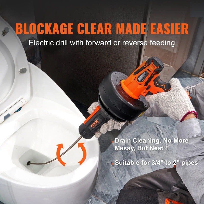 25FT Cordless Electric Drain Snake 12V Auto Feed Pipeline Remover