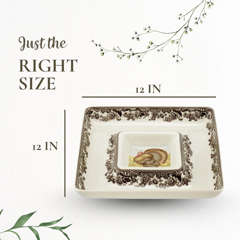 Spode Woodland 12" Square Chip and Dip - Turkey Centerpiece