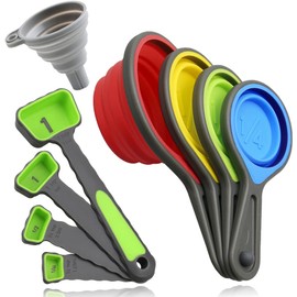 Measuring Cups and Spoons set, Collapsible Measuring Cups, 8 piece Measuring Tool Engraved Metric/US Markings for Liquid & Dry Measuring, Space Saving, BPA Free Silicone, Colorful