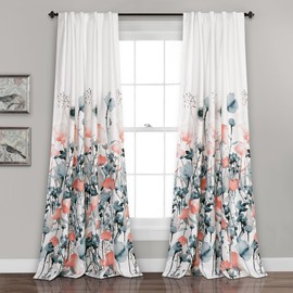 Lush DÉCOR Zuri Flora Curtains Light Filtering Window Panel Set for Living, Dining, Bedroom (Pair), 84 x 52 in, Blue and Coral, 2 Count