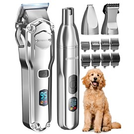 oneisall Dog Clippers for Grooming Thick/Heavy Coats, 4-in-1 Dog Grooming Kit Low Noise with Stainless Steel Blade, Cordless Dogs Paw Trimmer Pet Nail Grinder for Small & Large Dogs Cats Animals