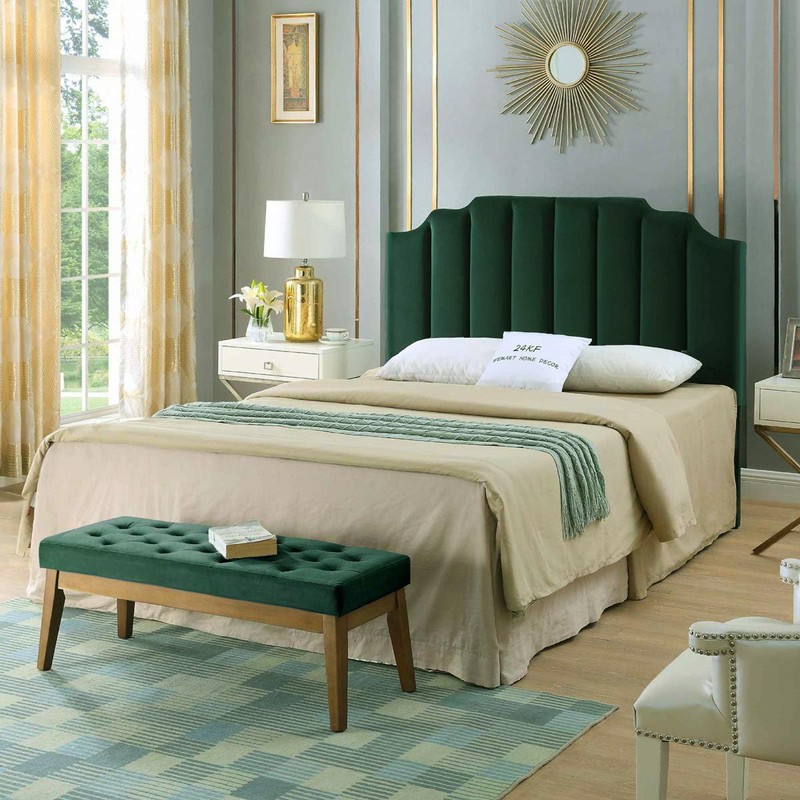 24KF Jade Velvet Tufted Queen Upholstered Headboard, Modern Vertical Channel