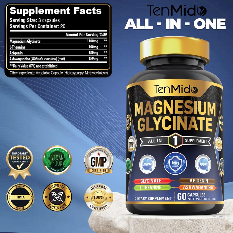 Tenmido Pure Magnesium Glycinate Supplements - 4in1 with L-Theanine, Ashwagandha,