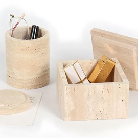 Artisanal Abode Natural Marble Storage Square Containers Cotton Swab Holder, Organizers with Lids,Travertine Stone Box for Qtips, Makeup, Bathroom Essentials & Home Storage (square box)