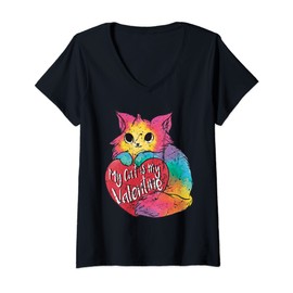 Womens My Cat is My Valentines Day Colorful Cats Lover Heart Design V-Neck T-Shirt