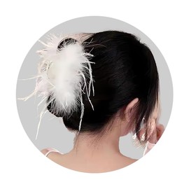 White Fluffy Feather Hair Claw for Women Girls Ostrich Fur Hair Feathers Headpiece Accessories Ponytail Shark Jaw Clips Claw Clips for Girls Women Feather Hairclip Barrettes Hairclip