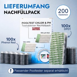 Pooltester Refill Tablets Pack of 200 | 100 x DPD1 for Free Chlorine & Bromine + 100 x Phenol Red for pH Value | Rapid Water Test Tablets for Pool, Whirlpool & Spa | Suitable for Shake Testers