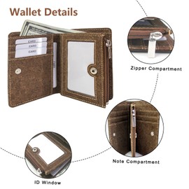 boshiho Eco Cork Friendly RFID Blocking Wallet Bi-fold Card Holder Vertical Wallet With Zippered Coin Purse & ID Window (Brown)