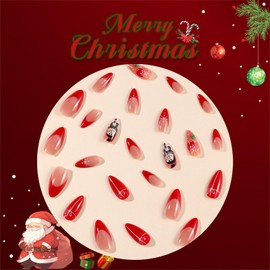 24PCS Almond Fake Nails - Christmas Red False Nails with Glue - Nude Color Snow Bowknot Design Christmas Style - Acrylic Nails Long Lasting Glossy Full Cover Nail Gifts for Women