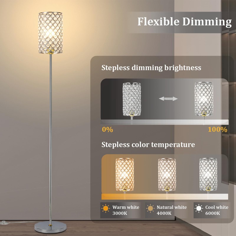 EMORLO Crystal Floor Lamp with Remote Control, Smart Modern Silver