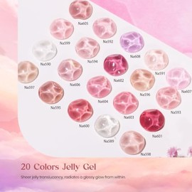 Beetles Esmalte en Gel Nude Jelly, Kit de 20 Colores | Tonos Rosa, Blanco y Neutros Translúcidos con Base y Capas Superior Mate y Brillante