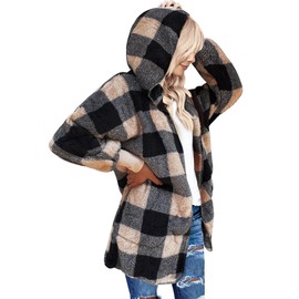 LookbookStore Womens 2024 Winter Casual Fur Jackets for Women Open Front Hooded Cardigans Fluffy Jacket Women Fuzzy Cardigan Coatigan Jackets Black Apricot Plaid Size L Size 12 14