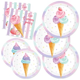 Watercolor Ice Cream Paper Plates Napkins Summer Icy Dessert Disposable Tableware Set Party Supplies Fancy Ice Cream Theme Dinnerware Sets Serves 24 Guests for Party Plates Napkins 88PCS