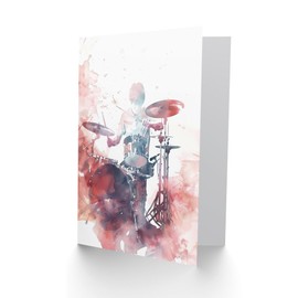 Artery8 Greeting Card Drummer Playing Drums Set Modern Watercolour Red Blank For All Him Or Her Art Birthday Card