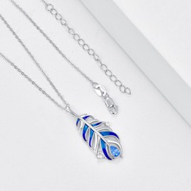 PCTJYFU Feather Necklace 925 Sterling Silver Blue Feather Pendant Native American Jewelry for Women Lady