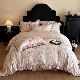 HighBuy Ruffle Floral Bedding Linen Duvet Cover King,Yarn-Dyed Cotton Linen Textured Breathable Cottagecore Bedding Set for Women Girls,1 King 104"x90" Duvet Cover and 2 Ruffle Pillowcases