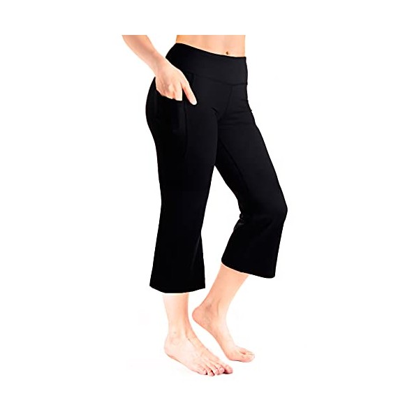 Yogipace Women's 20"/22"/24" Cropped Flare Yoga Pants Capri Length Lounge Pants with Side Pockets, YCW1403, 24", Black, Size L