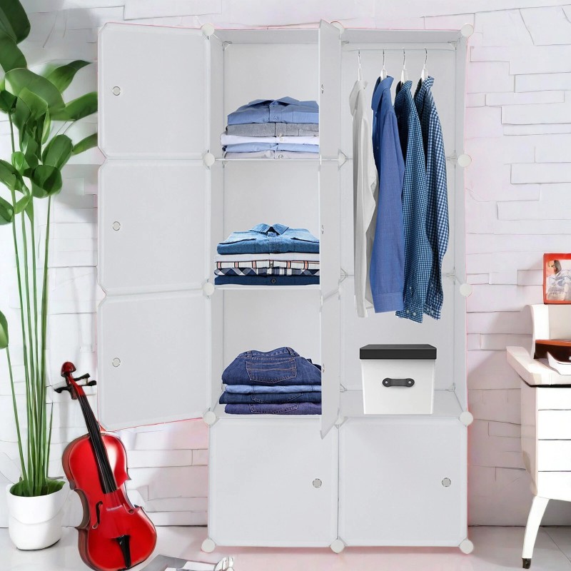 4-Tier Closet Storage Cabinet - White, 8-Cube, Hanging Rod &