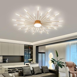JAYMP Ceiling Light Modern Flower Shape Ceiling Lamp for Living Room Dining Room Flush Mount Metal Acrylic Sputnik Firework Petal LED Lighting Fixture (Matte Gold, 30+1 Lights)